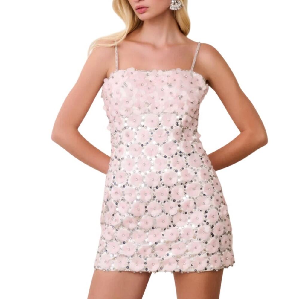 LoveShackFancy Katarina Floral Embellished Mini Dress Iced Rose Size 0